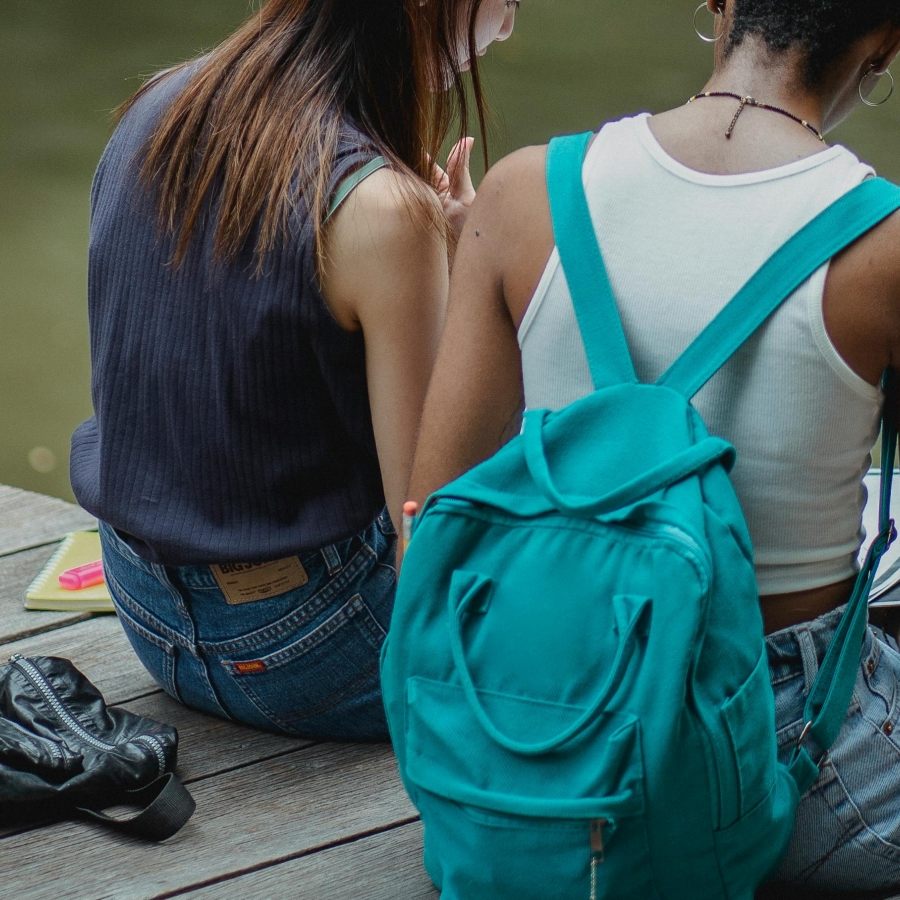 Two students with their backs facing sitting outside on a dock